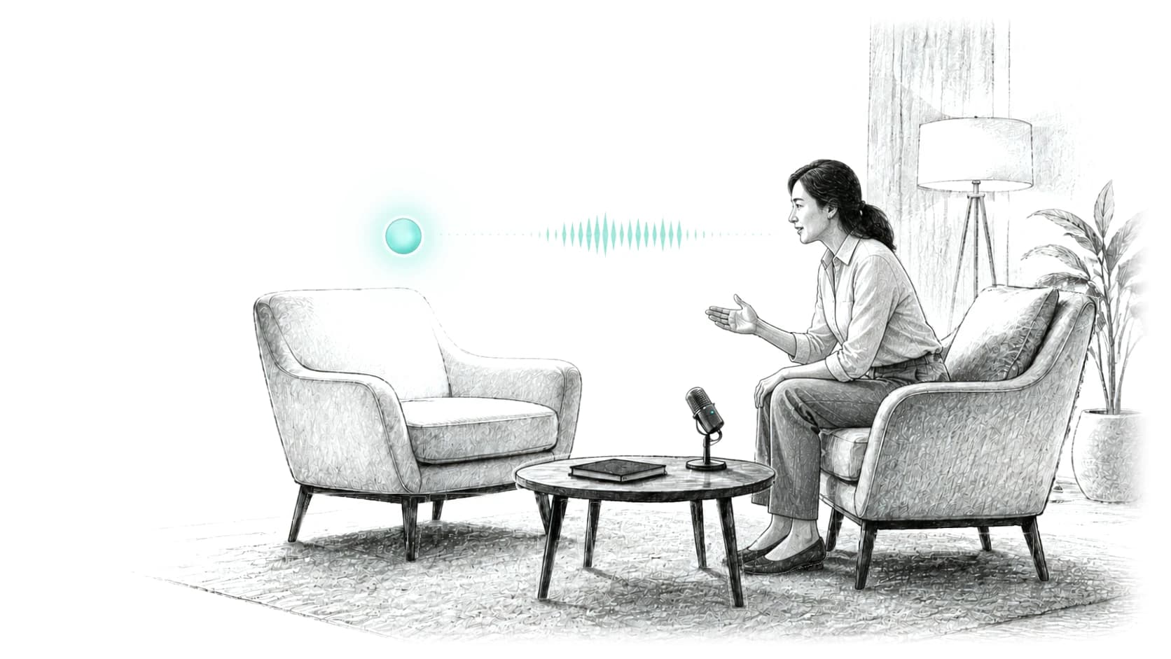 Illustration of a woman manager rehearsing with an AI orb in a quiet room.