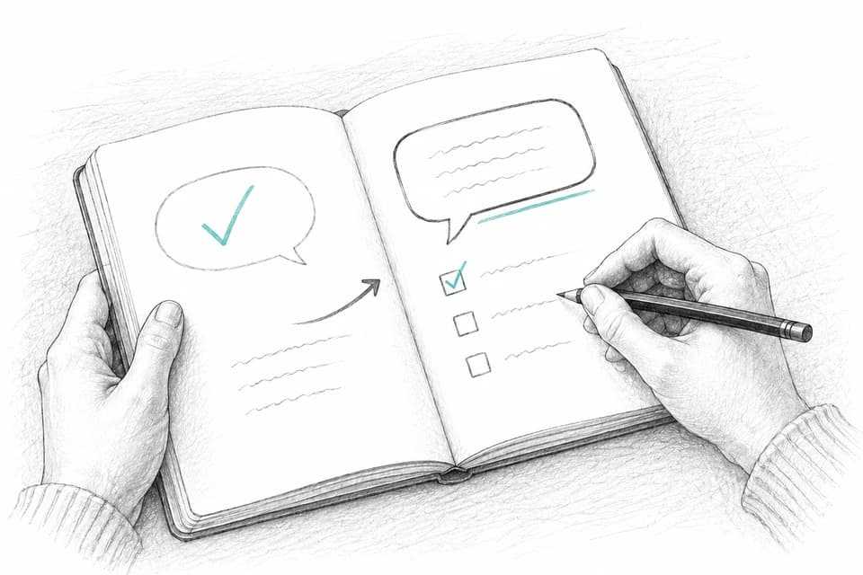 Hands reviewing coaching notes, revised wording, and a checklist of next steps.